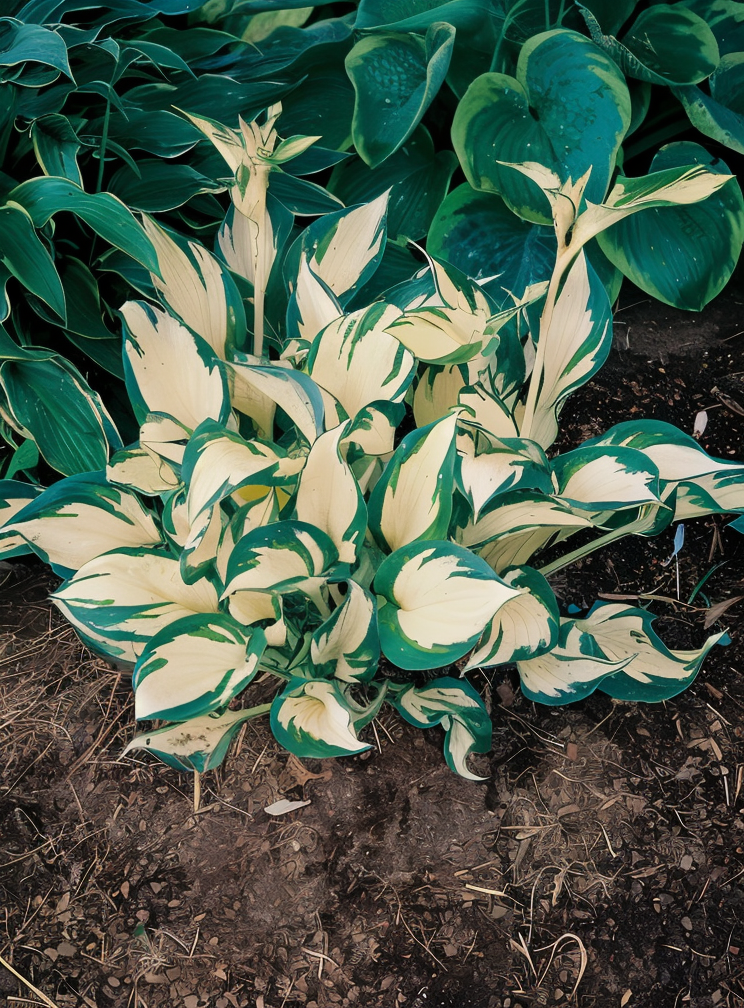 Hosta 'June' con foglie variegate verde-giallo e blu-verde in un giardino ombreggiato