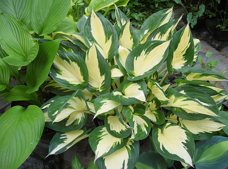 Hosta 'Loyalist' con foglie variegate in un giardino ombreggiato e lussureggiante