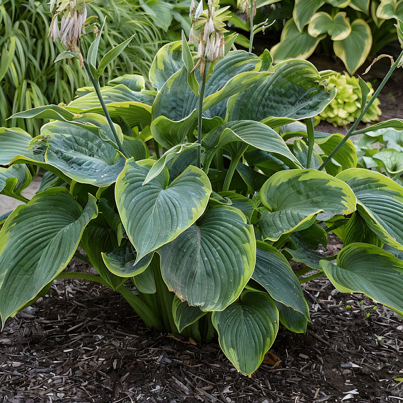Hosta 'Shadowland Wu La La' con foglie giganti e ondulate in giardino ombreggiato