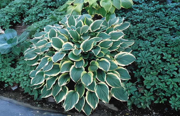 Hosta Hybrida So Sweet con foglie variegate e fiori bianchi in un giardino ombreggiato