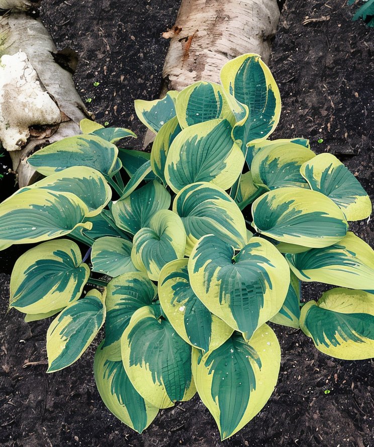 Hosta 'Wide Brim' con foglie variegate verde scuro e bordo giallo-crema in un giardino ombreggiato