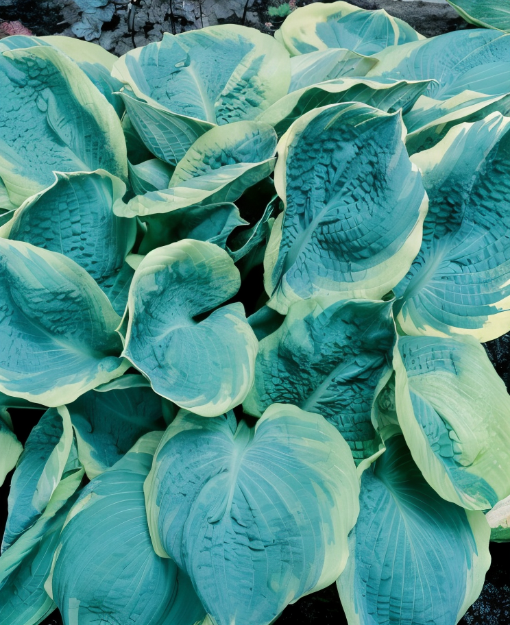 Hosta sieboldiana 'France Williams' con foglie variegate blu-verdi e margini gialli in giardino ombreggiato