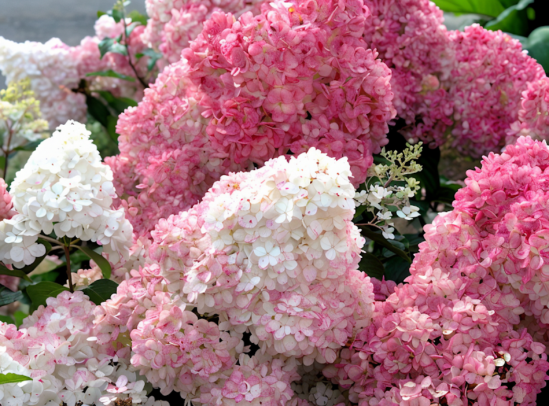 Hydrangea paniculata 'Sundae Fraise' in piena fioritura con colori rosa e bianco