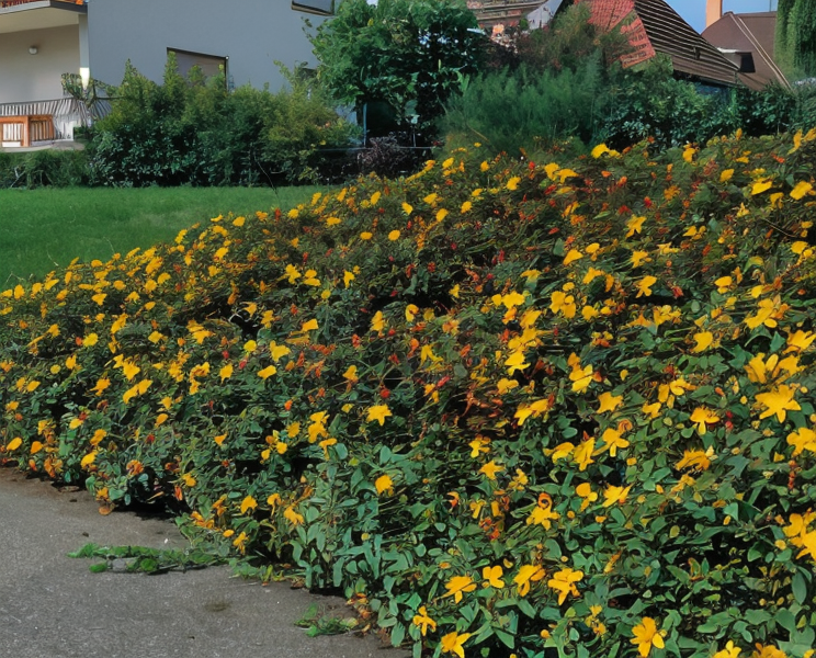 Hypericum calycinum in fiore con i suoi brillanti petali gialli che coprono il terreno.