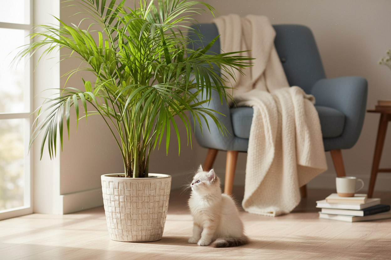 Kentia pianta, con un gatino bello peloso vicino, realistico, in interno a casa