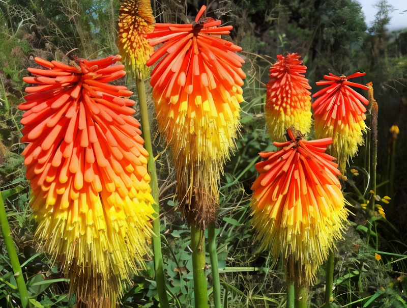 Kniphofia hirsuta Fire Dance, fiori rosso-arancio slanciati in giardino