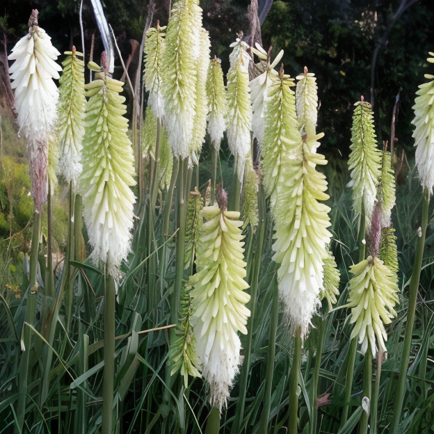 Kniphofia Ice Queen in piena fioritura con spighe floreali bianco-crema e fogliame verde