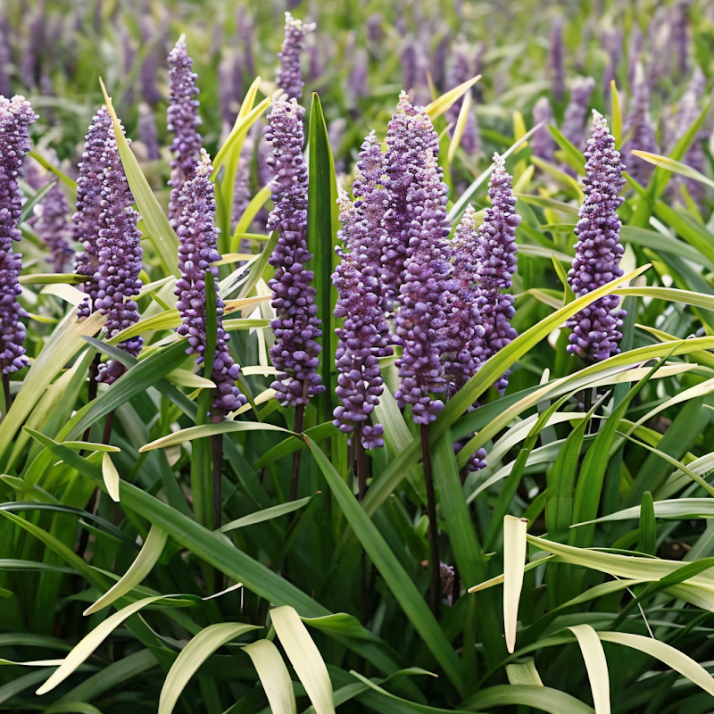 Liriope muscari 'Moneymaker' in fiore con spighe viola-bluastro