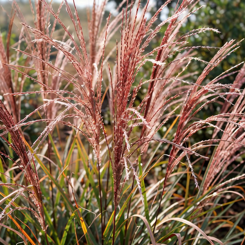 Miscanthus sinensis 'Red Cloud': spighe rosso rubino nel giardino naturalistico
