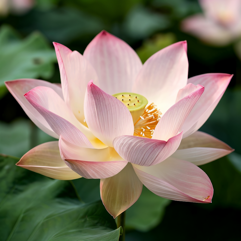 Nelumbo nucifera 'Man Jian Hong' in piena fioritura, un elegante fiore di loto rosso in uno stagno.