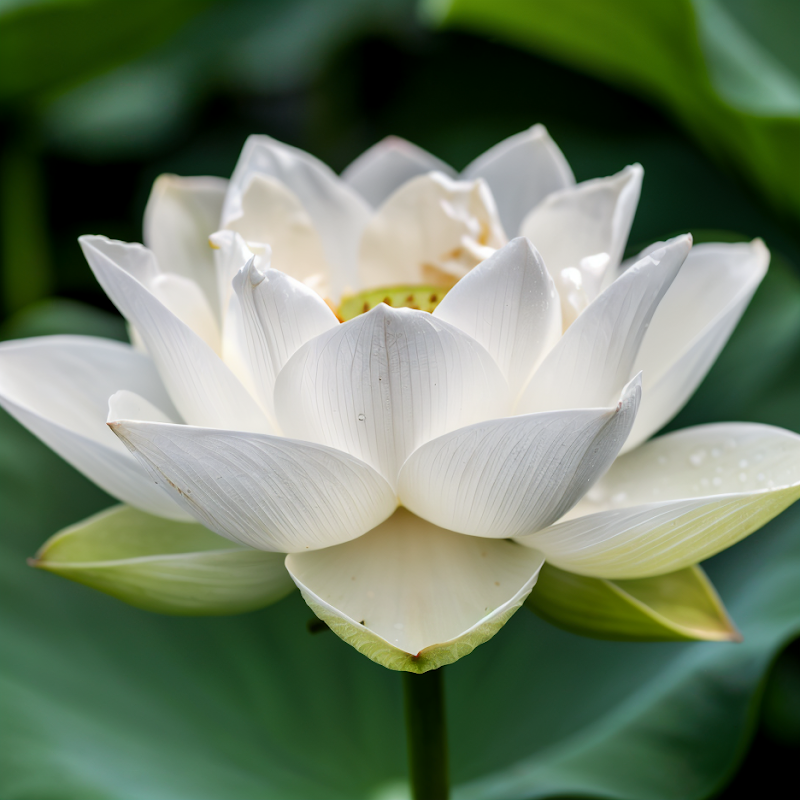 Nelumbo nucifera 'Snow White', fiore di loto bianco puro che emerge dall'acqua
