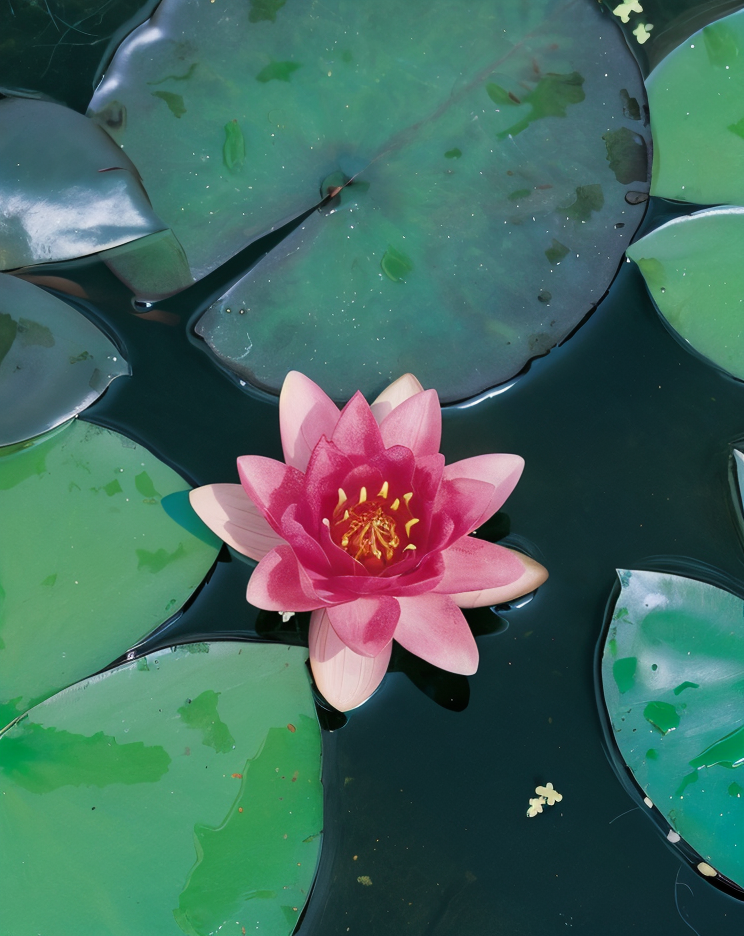 Nymphaea 'Attraction' nenufaro rosso in fiore in un laghetto da giardino con foglie galleggianti