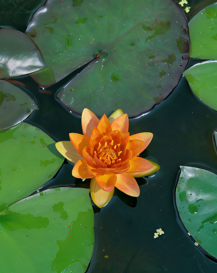 Nymphaea 'Aurora' in fiore con petali arancio-rosa in uno stagno da giardino.