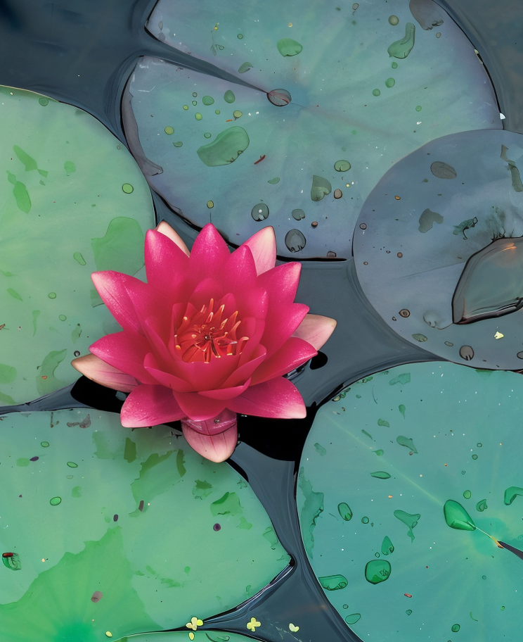 Nymphaea 'Gloriosa', ninfea rustica rossa in un laghetto fiorito con foglie verdi