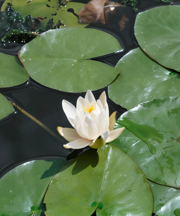 Nymphaea 'Marliacea Albida' con i suoi fiori bianchi galleggianti in un laghetto