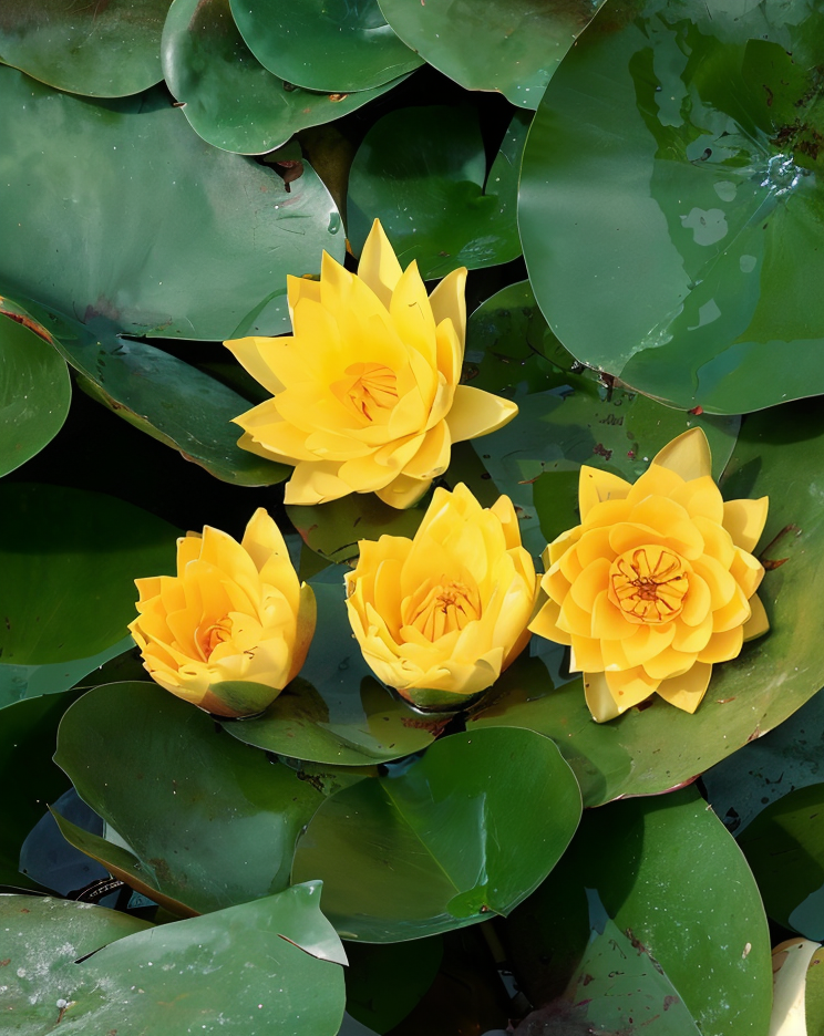 Nymphaea 'Moorey Yellow' ninfea gialla in un laghetto ornamentale