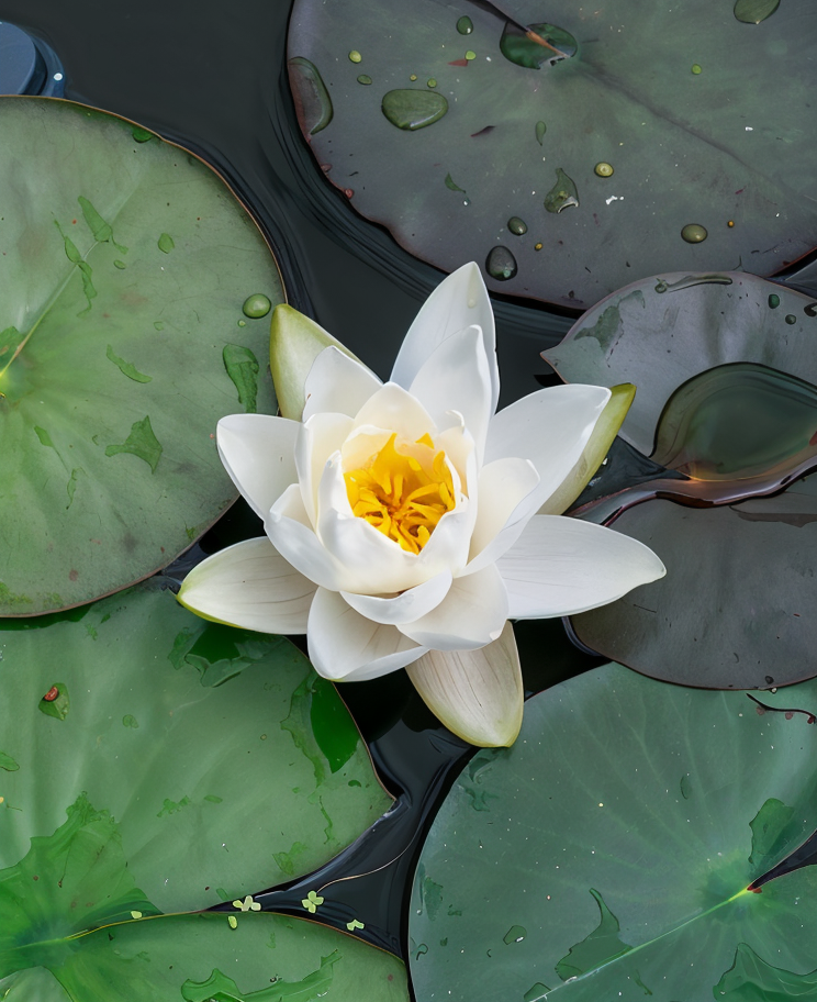 Nymphaea 'Odorata Alba' bianca fiorita in laghetto