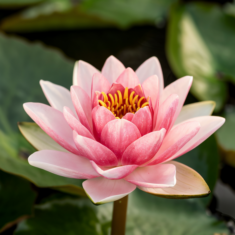 Nymphaea Rustica - Rosa - Tuberosa Richardsonii in piena fioritura in un laghetto da giardino, con foglie verdi galleggianti e fiori rosa a coppa.