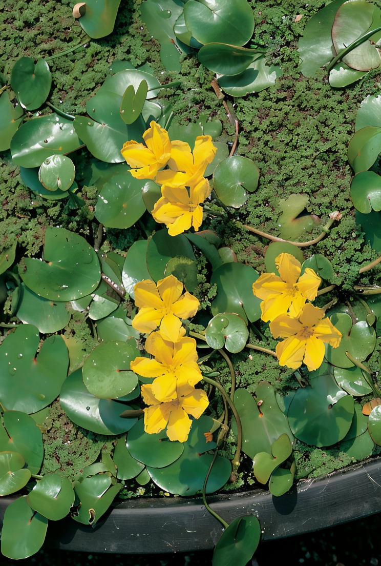 Nymphoides peltata: fiori gialli galleggianti in un laghetto