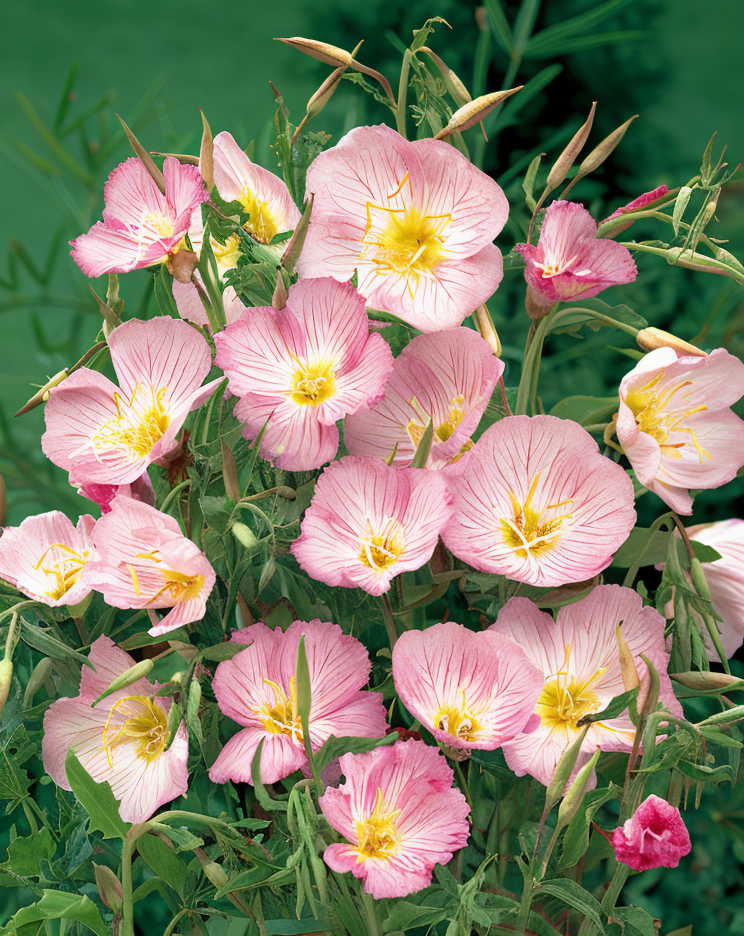 Oenothera speciosa in piena fioritura rosa in un giardino mediterraneo