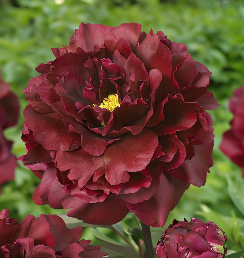 Paeonia lactiflora 'Black Beauty' in piena fioritura, fiori rosso scuro nel giardino.