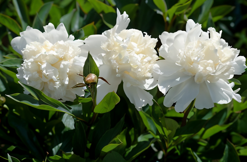 Paeonia lactiflora 'Charles White' in piena fioritura, fiori bianchi