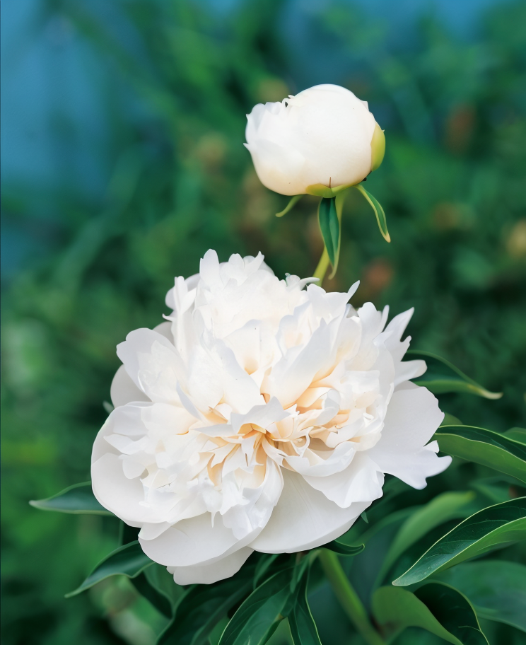 Paeonia lactiflora 'Duchesse de Nemours' in piena fioritura, fiori bianchi doppi profumati