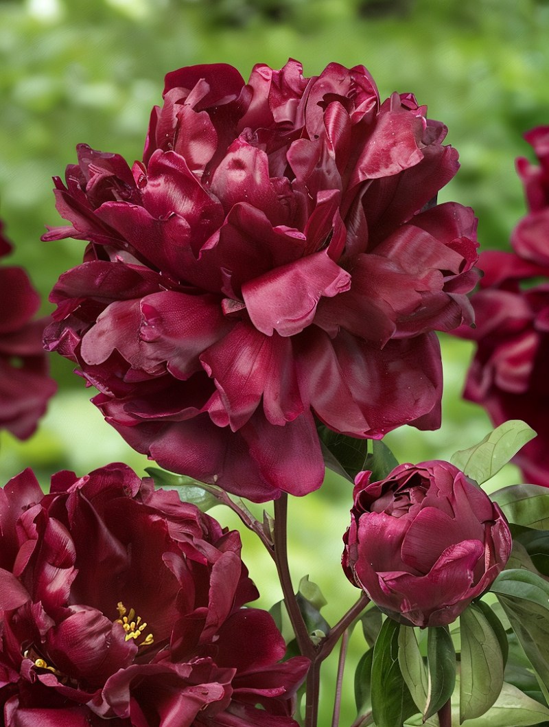 Paeonia lactiflora 'Francoise Ortegat' in piena fioritura, con i suoi fiori rosso scuro vellutati in un giardino classico.