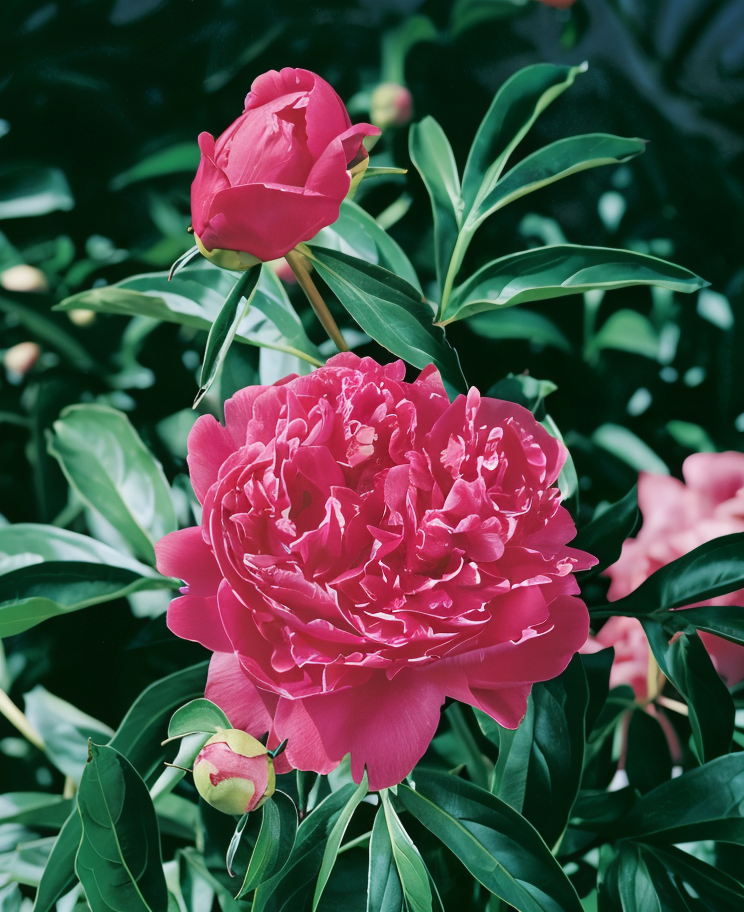 Paeonia lactiflora 'Karl Rosenfield' in piena fioritura con fiori rossi doppi