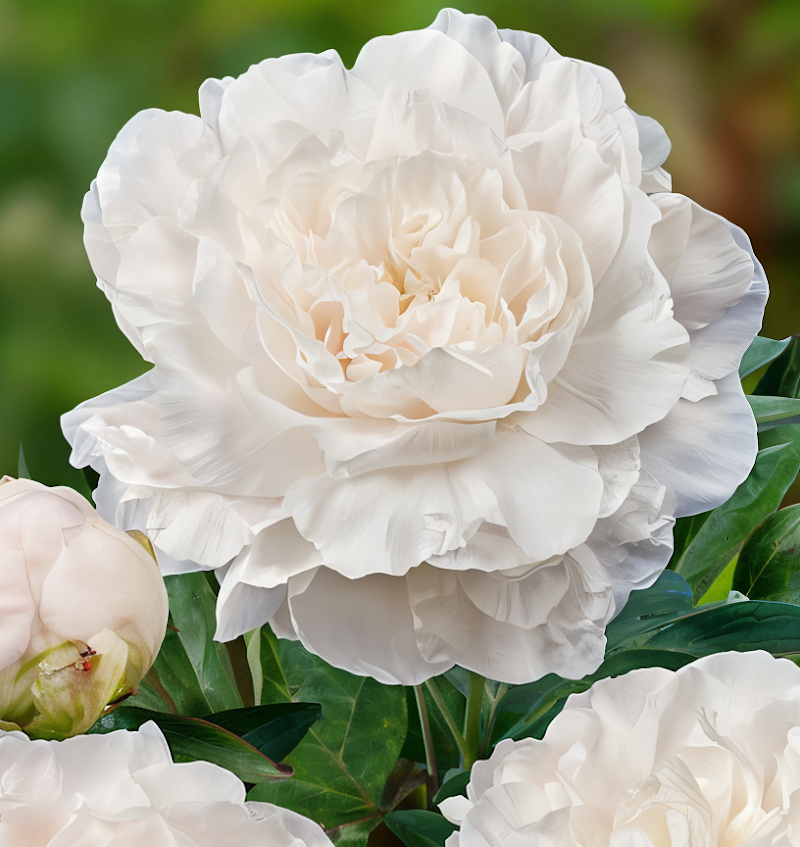 Paeonia lactiflora Mothers Choice con fiori bianchi doppi in un giardino fiorito
