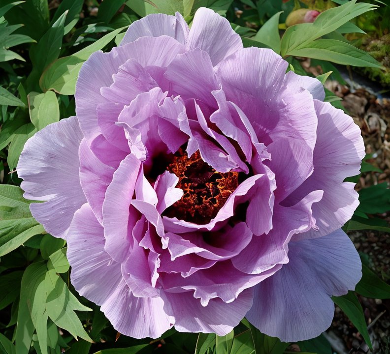 Paeonia suffruticosa 'Lavanda' in piena fioritura, grandi fiori viola nel giardino