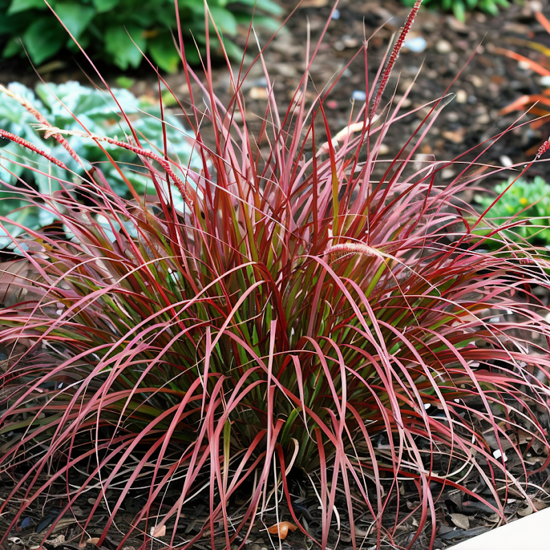 Pennisetum alopecuroides 'Red Head' con infiorescenze rosse in un giardino autunnale