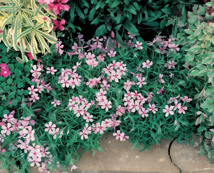 Phlox subulata 'Apple Blossom' in piena fioritura rosa pallido in un giardino roccioso