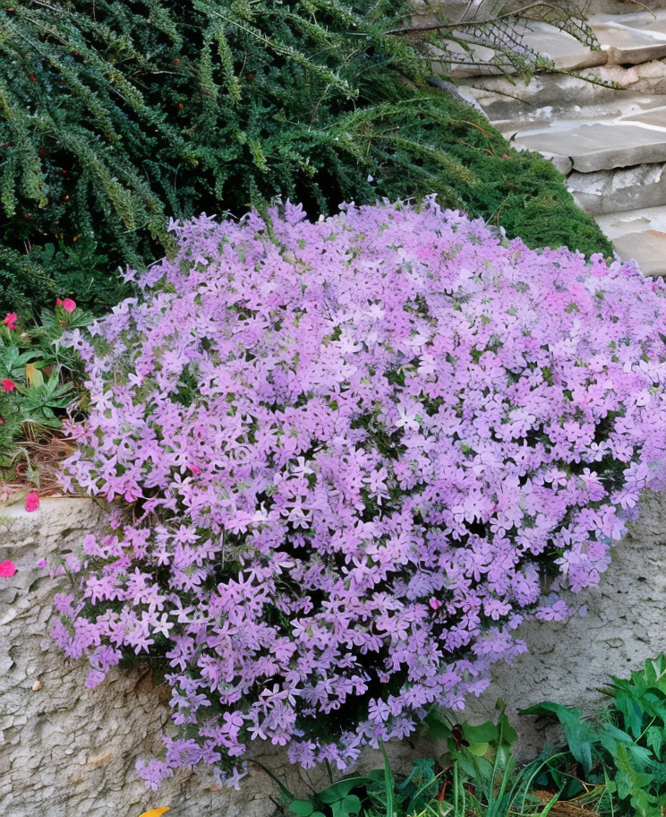 Phlox subulata Thomasini in piena fioritura, tappeto rosa brillante in giardino roccioso
