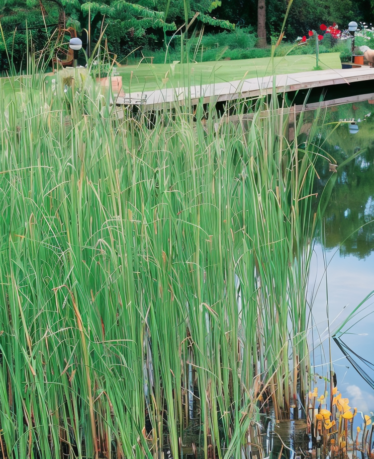 Typha laxmannii in fiore con spighe marroni in un laghetto naturale