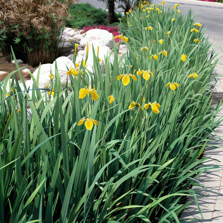 Iris pseudacorus, lirio giallo in fiore sul bordo di uno stagno