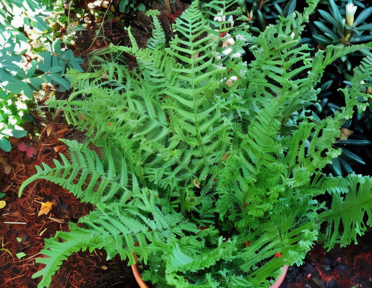 Dryopteris affinis 'The King' in un giardino ombroso con giochi di luce