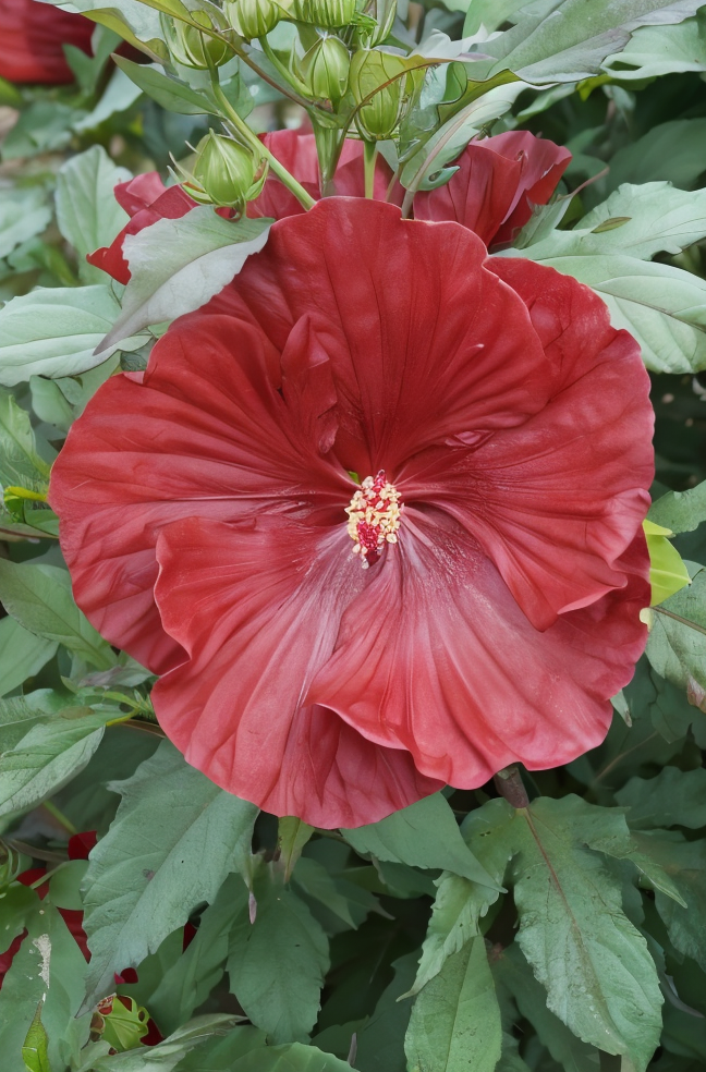 Hibiscus moscheutos 'Cranberry Crush' in piena fioritura, grandi fiori rosso scuro in un giardino acquatico.