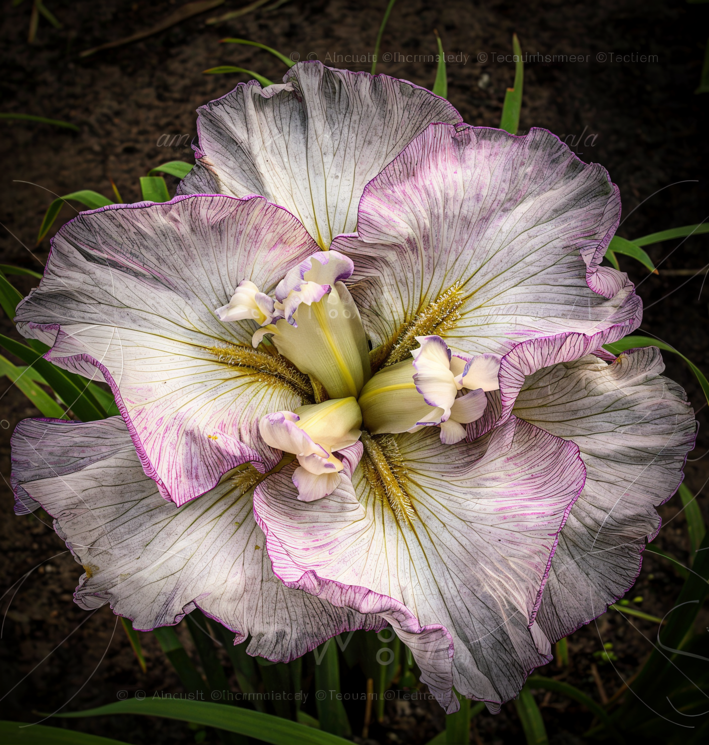 Iris ensata 'Lady In Waiting' in fiore in un laghetto ornamentale