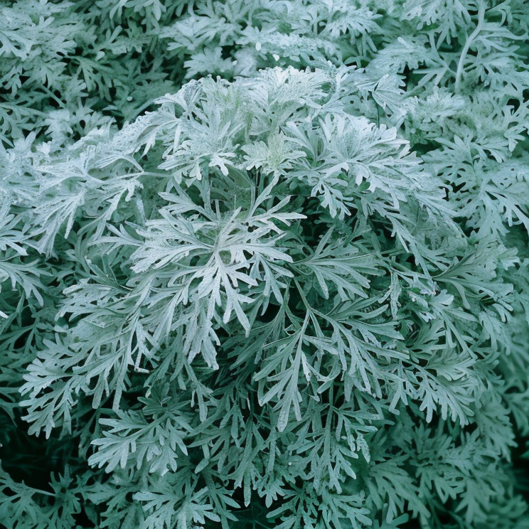 Artemisia arborescens 'Powis Castle' in pieno sole con fogliame argentato