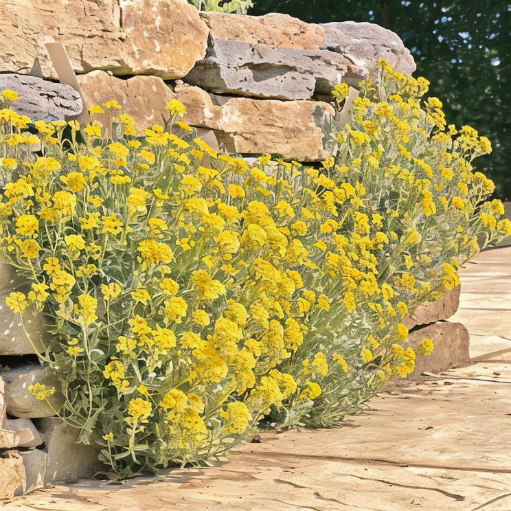 Alyssum montanum fiorito in un giardino roccioso con esposizione soleggiata