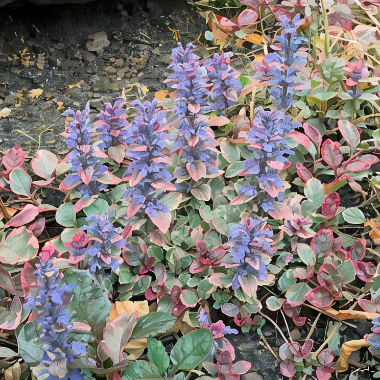 Ajuga reptans 'Burgundy Glow' tappezzante con foglie viola-verde e fiori blu