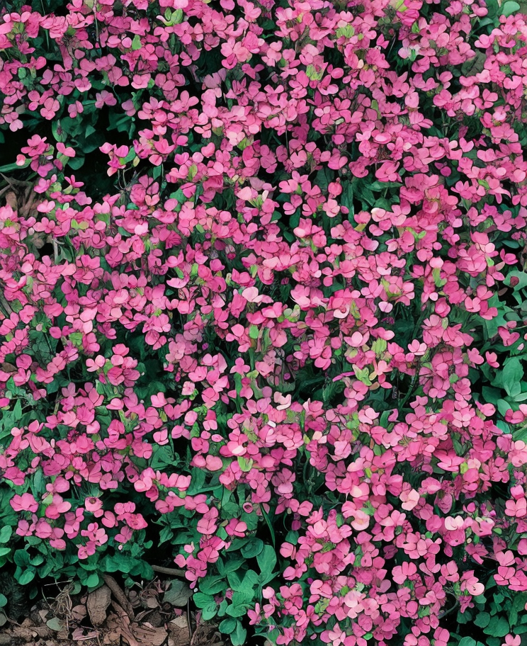 Arabis caucasica 'Compinkie' fiorita con fiori rosa pastello in giardino roccioso