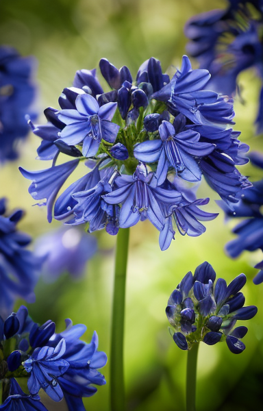 Agapanthus 'Blue Thunder' in piena fioritura con fiori blu intenso in un giardino