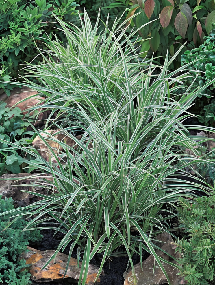 Carex morrowii 'Ice Dance' con le sue foglie variegate che creano un bordo luminoso nel giardino ombroso