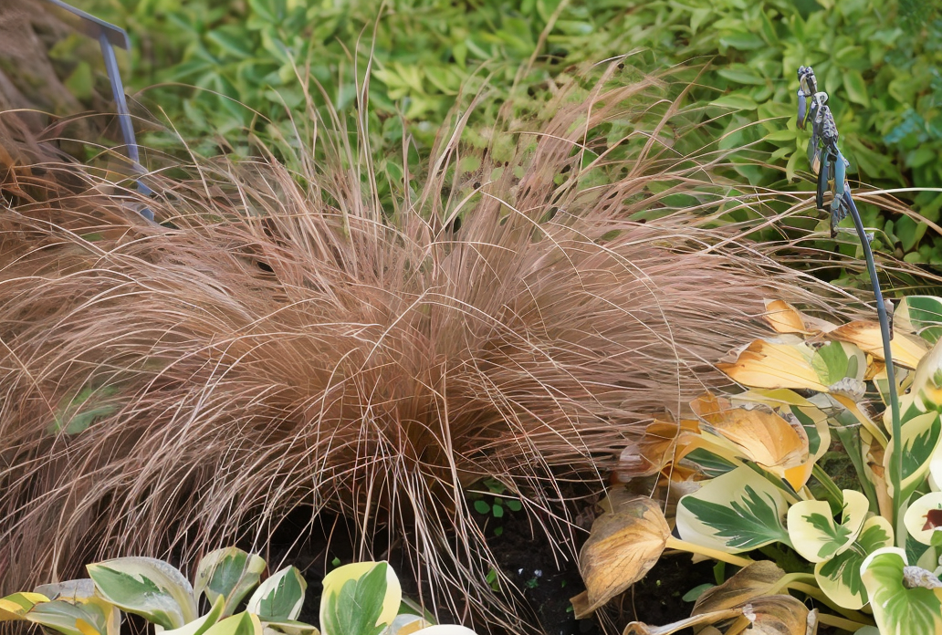 Carex flagellifera in giardino roccioso con foglie bronzee