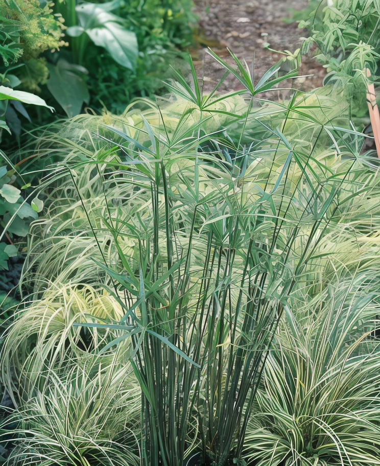 Cyperus alternifolius in un laghetto ornamentale, design acquatico