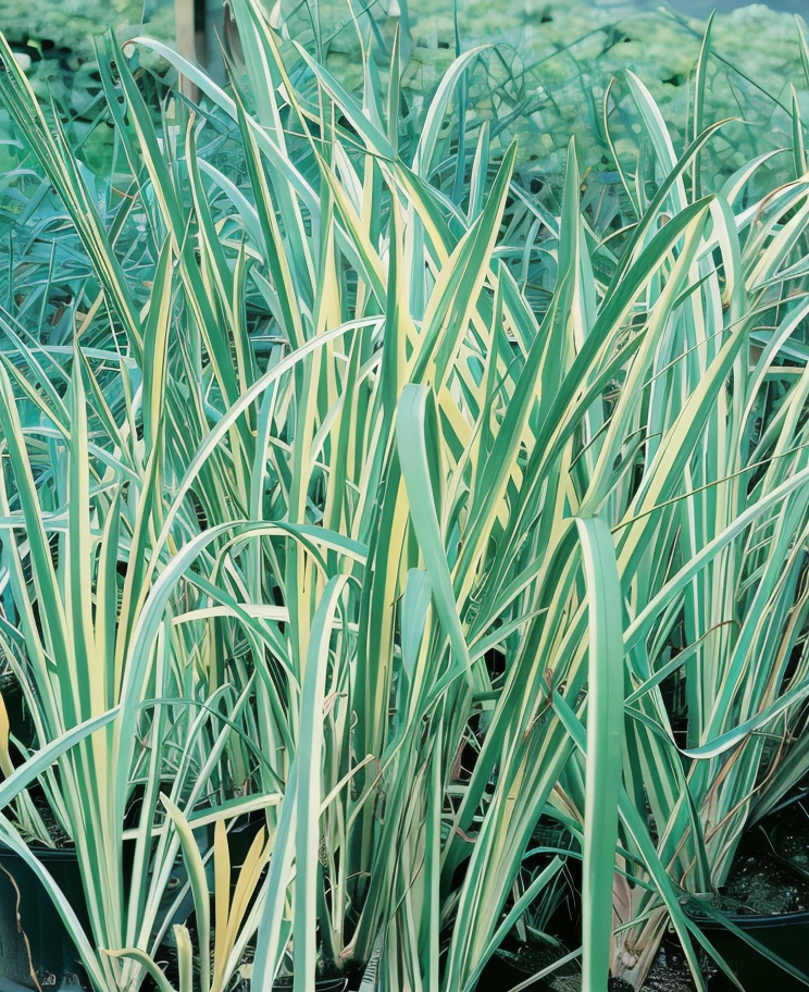 Acorus calamus 'variegato' in un bordo di laghetto, con foglie verdi e crema