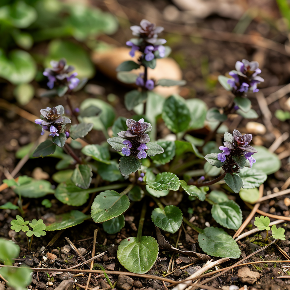 Ajuga reptans tappezzante con fiori blu in giardino