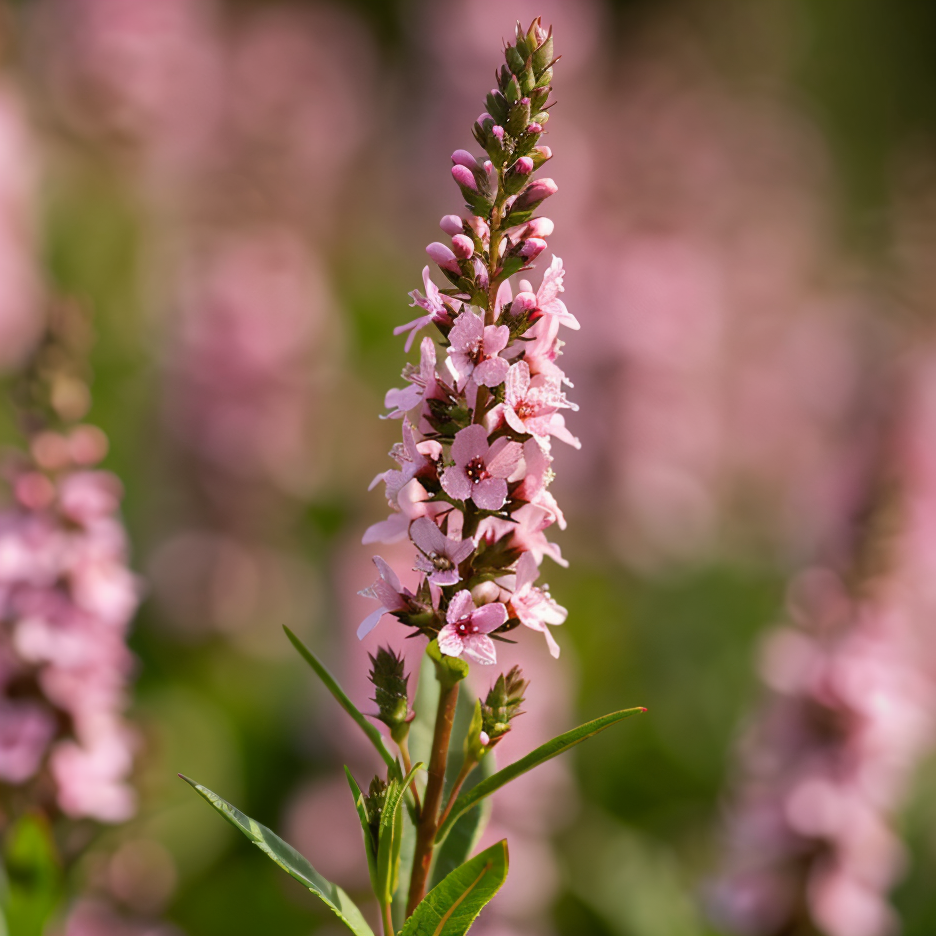Lythrum salicaria 'Pink Blush' in piena fioritura rosa in un giardino acquatico